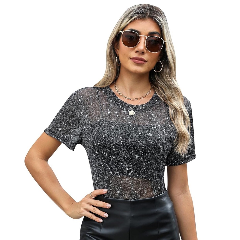 NWT Black/Silver Sparkly Sheer Mesh Star Tee Concert Rave Top - Small